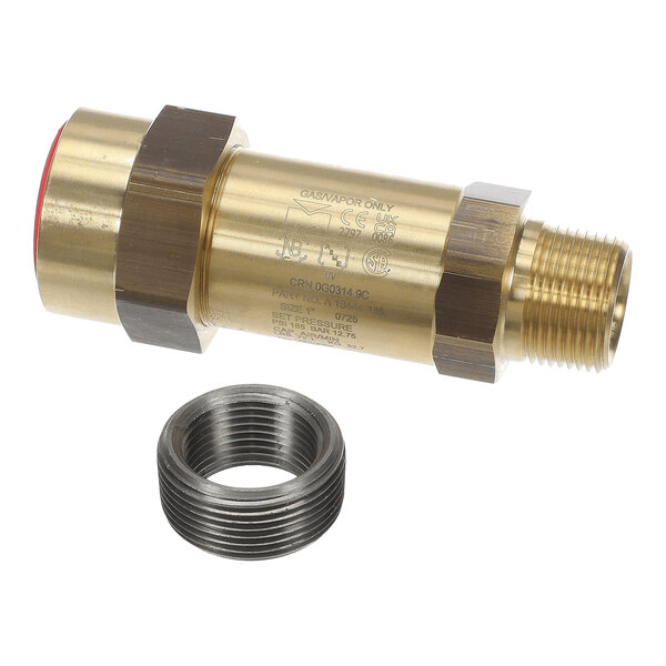 A brass cylindrical valve with threaded ends and an additional metal threaded ring, shown against a white background.