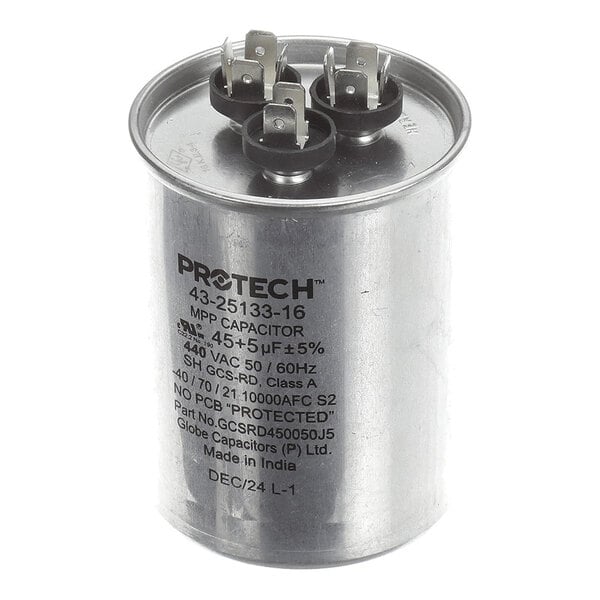 A cylindrical metal capacitor with three electrical terminals on top and printed technical specifications on the side.