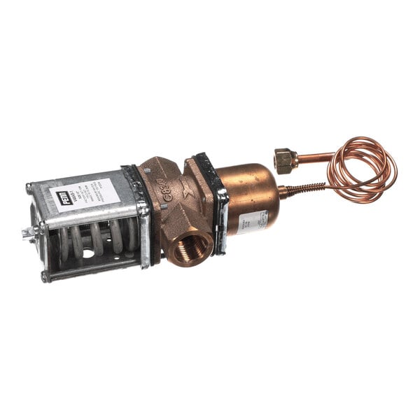 A metallic valve assembly with a coiled copper tube and a spring mechanism, featuring threaded pipe connections.