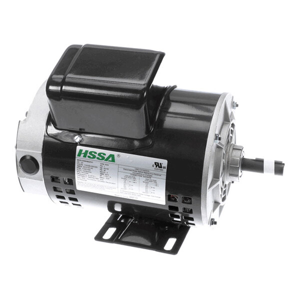 A black and silver electric motor with a mounting base and a label on the side.