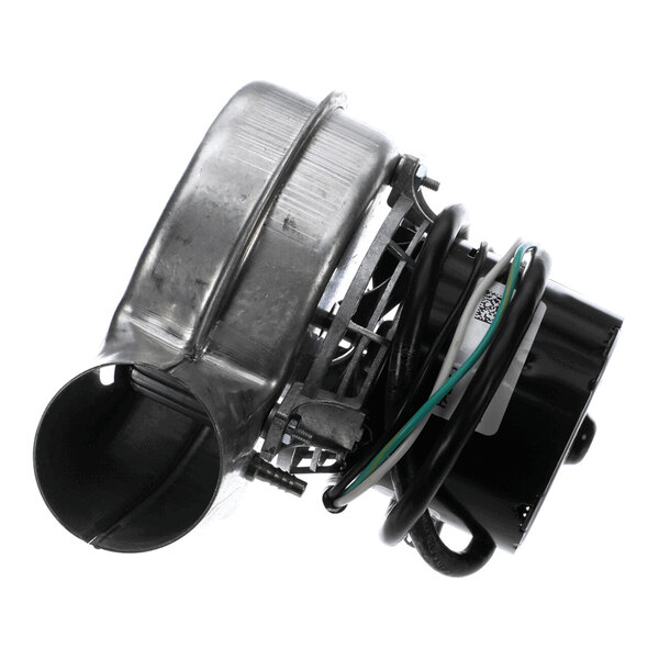 A metal and plastic vent motor assembly with attached wiring, featuring a cylindrical housing and a protruding duct connection.