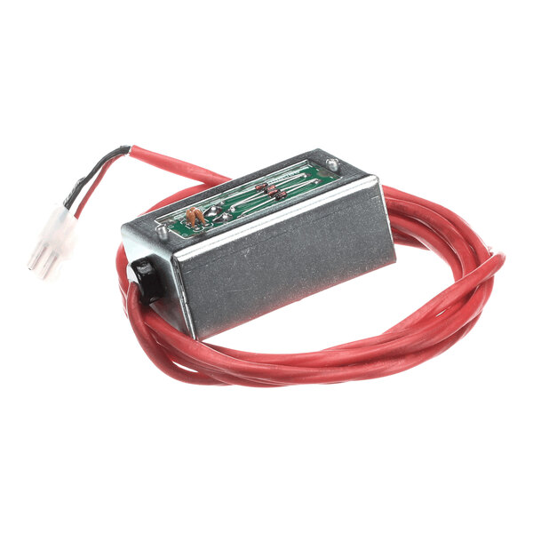 A small electronic sensor assembly with a metal casing, visible circuit board, and attached red and black wires ending in a white connector.