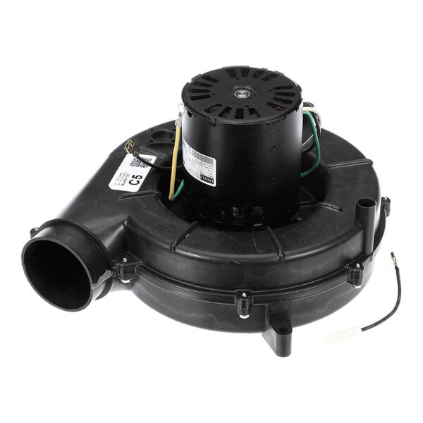 A black, round inducer draft blower with an attached electric motor and visible wiring.