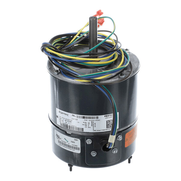 A cylindrical electric motor with a central shaft, multiple colored wires coiled on top, and several labels attached to its black housing.