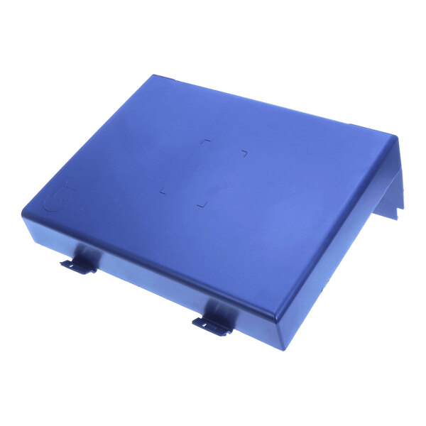A blue, rectangular plastic panel with two clips on one side and a slightly sloped surface.