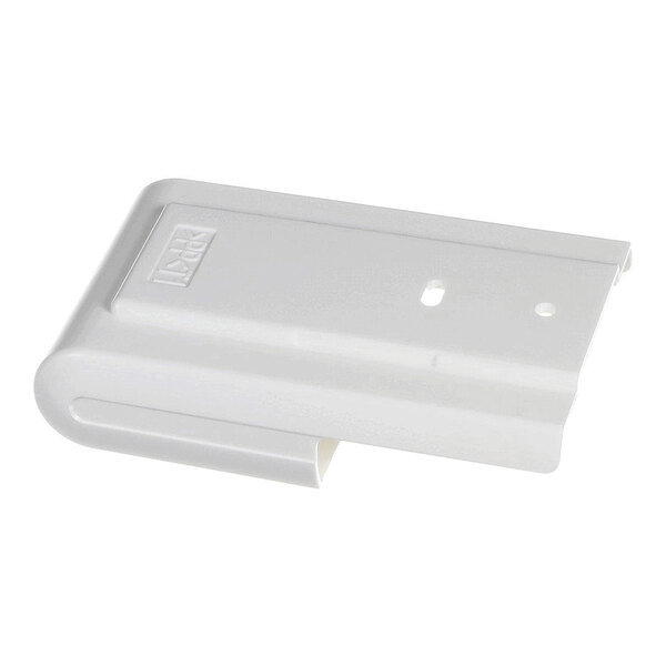 A white plastic wall-mounted holder with two holes for mounting and a rectangular recessed area on the top surface.