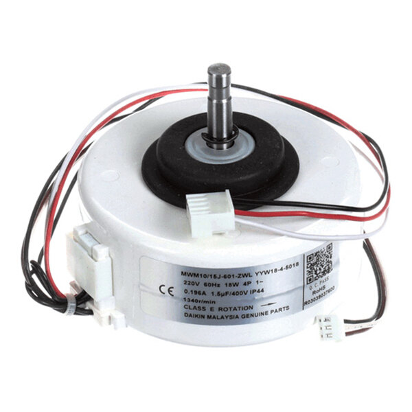 A small electric motor with a central shaft, attached wires, and a label displaying technical specifications.