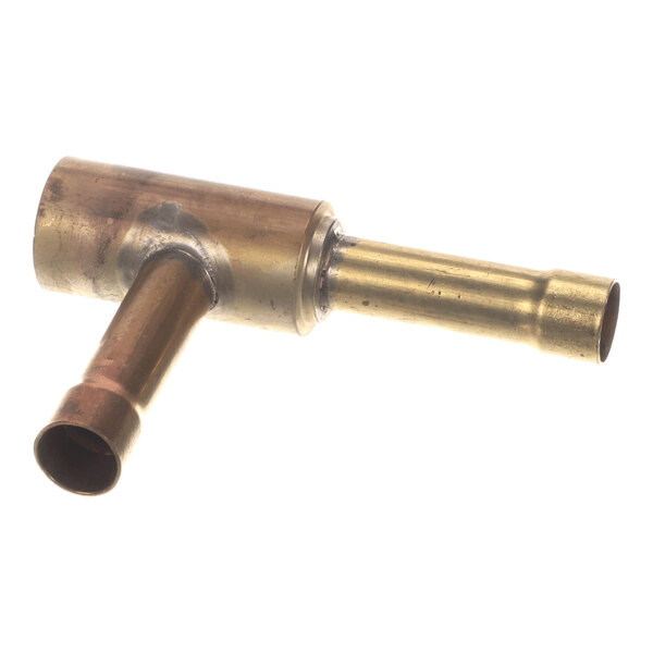 A metallic T-shaped valve with three cylindrical openings, likely made of brass or copper.
