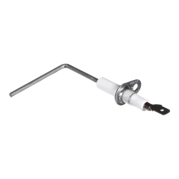 A metal rod with a right-angle bend attached to a ceramic insulator and a metal mounting bracket.