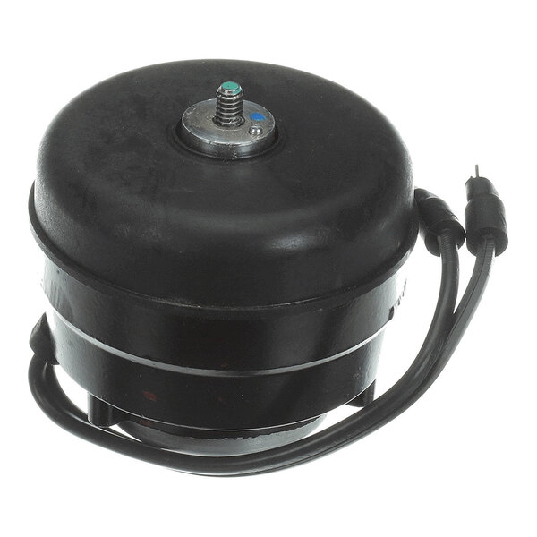 A black cylindrical electric motor with a central mounting bolt and two attached power cables.