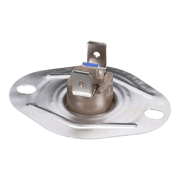 A small metal and plastic electrical component with two flat terminals and a mounting plate featuring two holes.