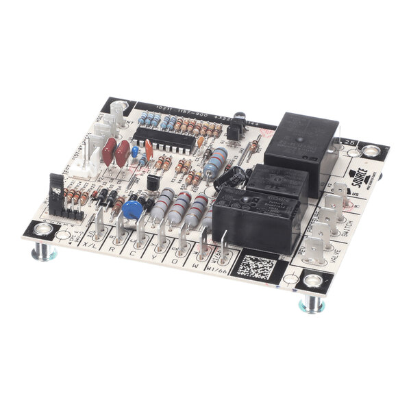 An electronic circuit board with various components including resistors, capacitors, relays, and connectors mounted on it.