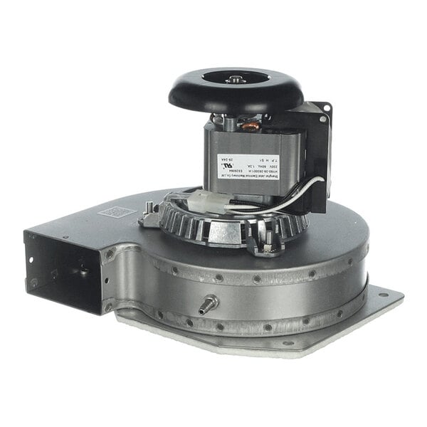A metal exhaust fan assembly with a visible motor and wiring mounted on top.