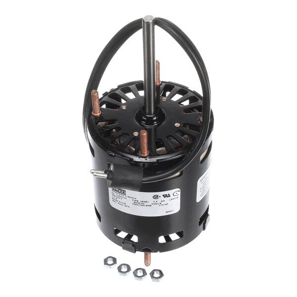 A cylindrical electric motor with a central shaft, mounting brackets, and four visible nuts placed in front of it.