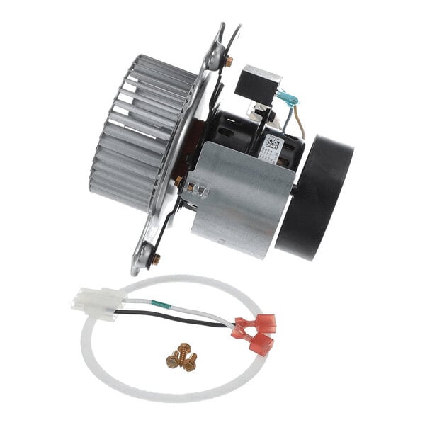 A metal and plastic motor assembly with a fan wheel, electrical components, and a wiring harness with connectors and screws.