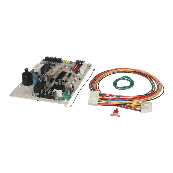 An electronic circuit board with various components, accompanied by a bundle of multicolored wires and connectors.