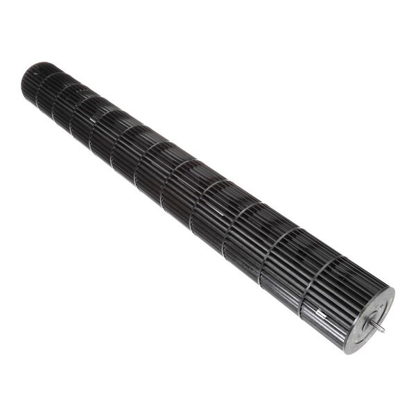 A cylindrical, black, slatted blower wheel with a central metal shaft extending from one end.