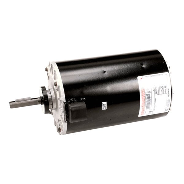 A cylindrical black and silver electric motor with a protruding shaft and a label on its side.