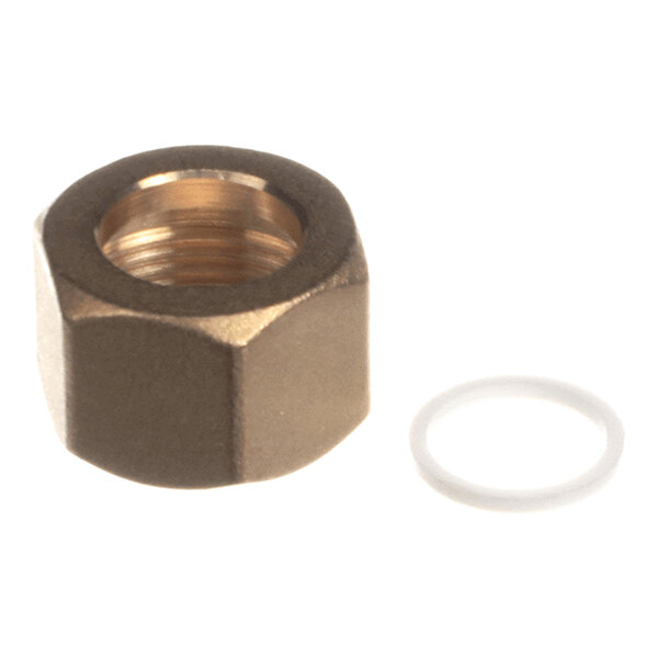 A hexagonal metal nut with internal threading is shown next to a thin, circular white ring, likely made of Teflon.