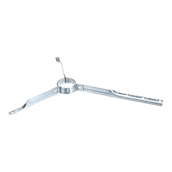 A metal bracket with two elongated arms and a central circular section, featuring a small upright tab.