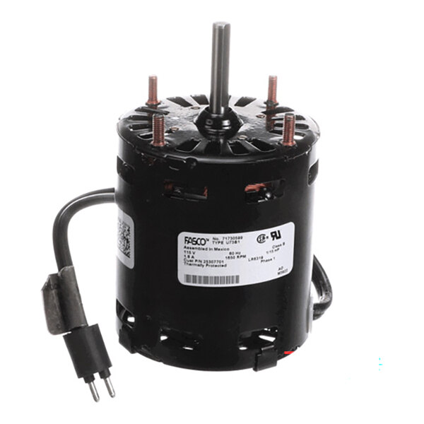 A cylindrical black electric motor with a central shaft, four mounting studs, a label, and an attached power cord.