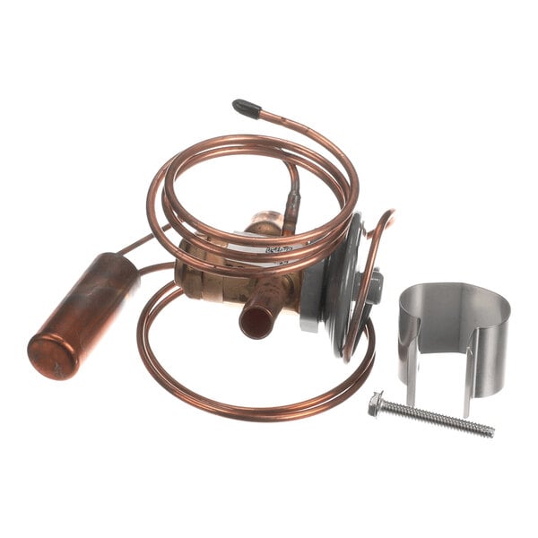 A copper thermostatic expansion valve assembly with coiled tubing, a cylindrical component, a metal clamp, and a screw, all placed on a white background.