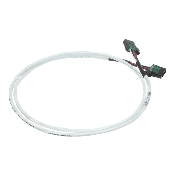 A white cable with two black connectors at each end, featuring visible wiring and circuit boards inside the connectors.