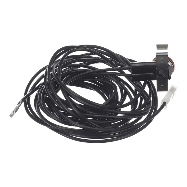 A coiled black wire with a metal clip and sensor attached at one end.