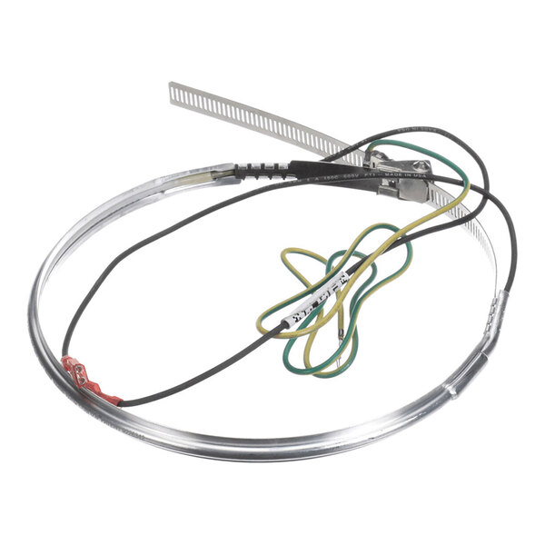 A circular metallic band with attached wires and a metal strap, likely an electrical heating element or band heater.