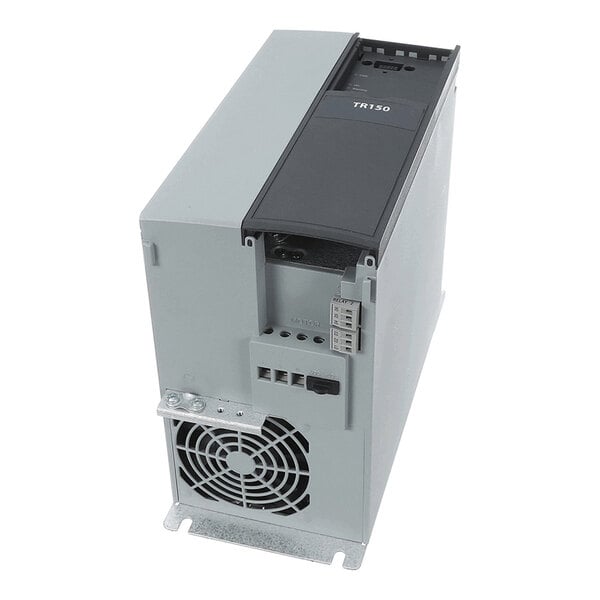 A rectangular industrial electronic device with a cooling fan, terminal connectors, and a black panel labeled 'TR150' on top.