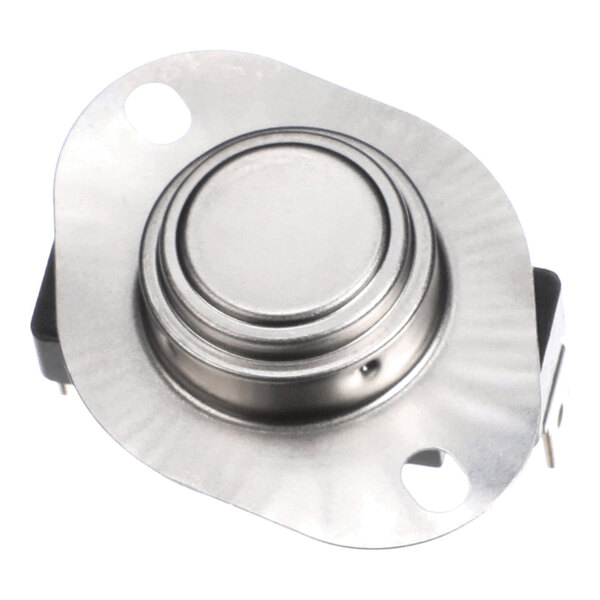 A metallic circular component with two mounting holes and electrical terminals on the side.