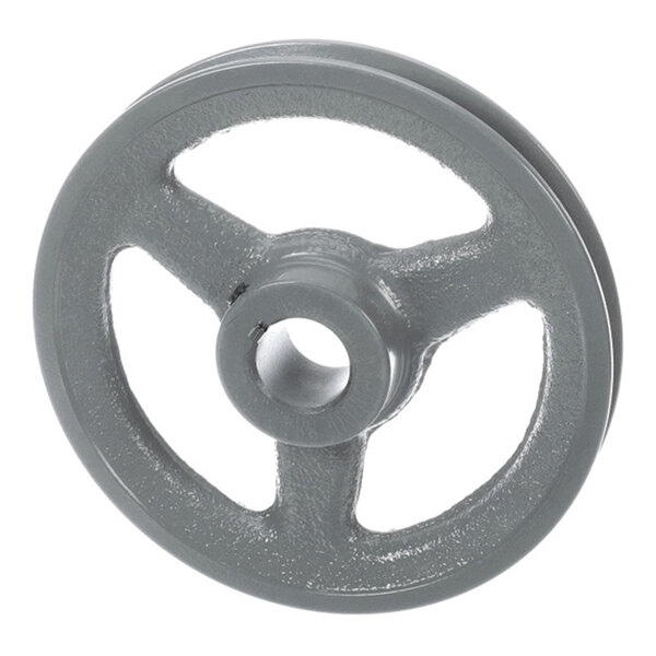 A gray, three-spoke metal wheel with a central hole and a grooved outer edge.