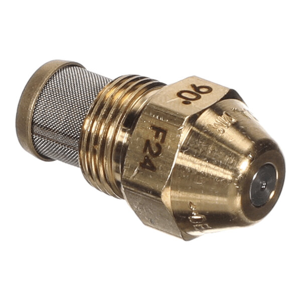 A close-up view of a brass nozzle with a mesh filter and engraved markings.