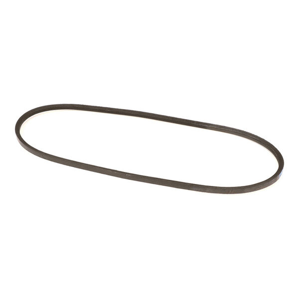 A flat, black, oval-shaped rubber belt displayed on a white background.