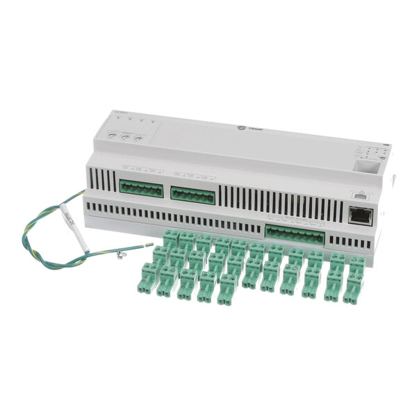 A white electronic control module with multiple green terminal connectors, an Ethernet port, and a grounding wire.
