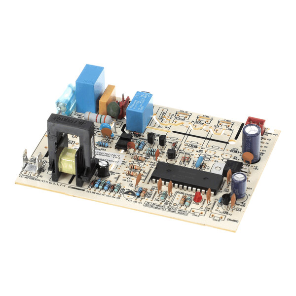 A rectangular electronic circuit board with various components including capacitors, resistors, relays, and an integrated circuit chip.