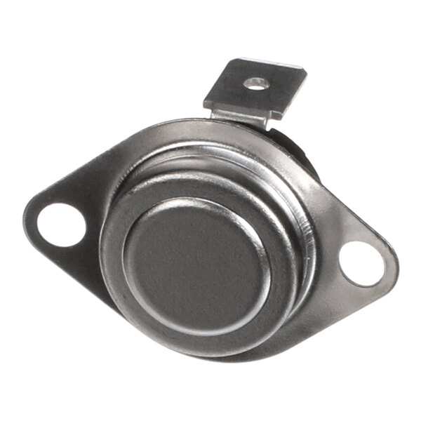 A metallic, circular component with two mounting holes and a single electrical terminal.