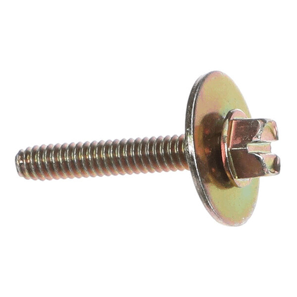 A metal screw with a flat washer and a slotted head.