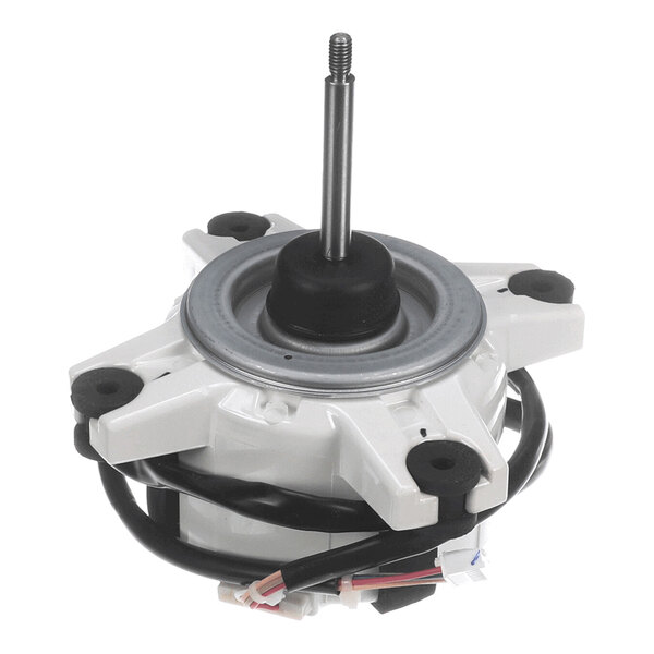 A white and black electric motor with a central metal shaft, four mounting arms, and attached wiring.