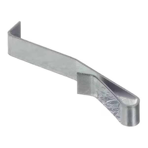 A metallic, bent, flat spring-like component with a curved end and an angled section.