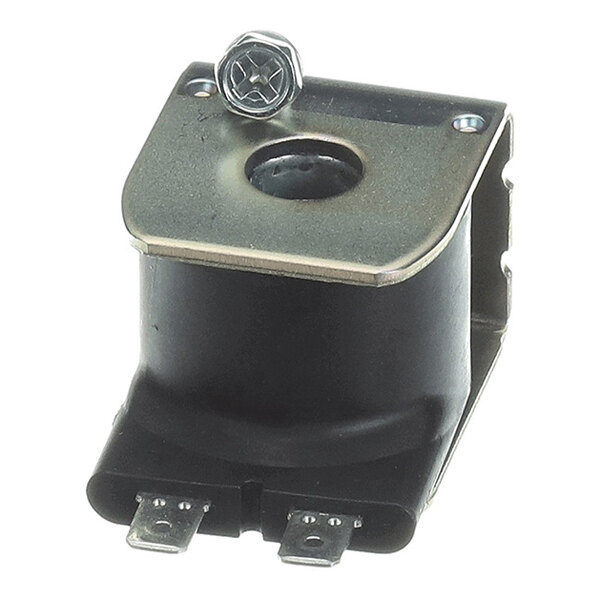 A small black and metallic electrical coil component with two flat metal terminals and a mounting screw on top.