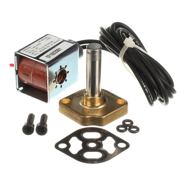 A solenoid valve assembly kit with a metal solenoid, a brass mounting base, a gasket, screws, washers, and a long black electrical cable.