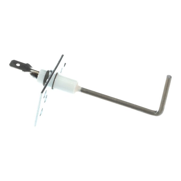 A metal rod with a right-angle bend, attached to a ceramic insulator and a mounting bracket.