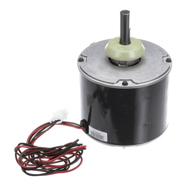 A cylindrical electric motor with a metal top, central shaft, and attached red and black wires.