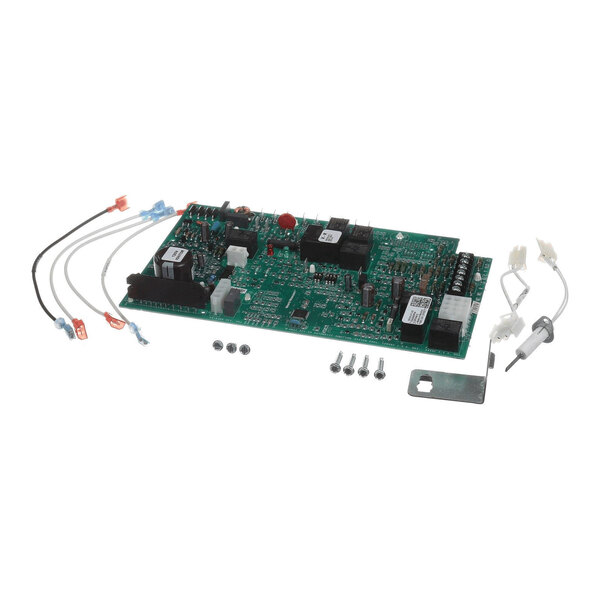 A green electronic circuit board with various components, accompanied by several wires, screws, a metal bracket, and two white ignitor assemblies.
