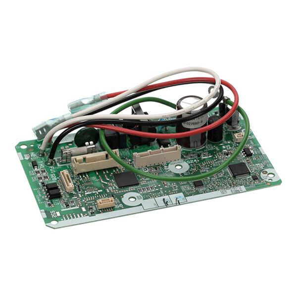 A green printed circuit board with various electronic components and several attached colored wires.
