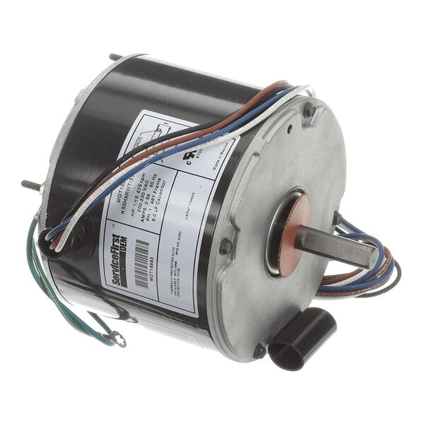 A cylindrical electric motor with attached wires and a protruding metal shaft.