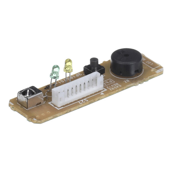 A small rectangular printed circuit board featuring a connector, two LEDs (green and yellow), a push button, a black round buzzer, and a metal component, all mounted on a brown PCB.
