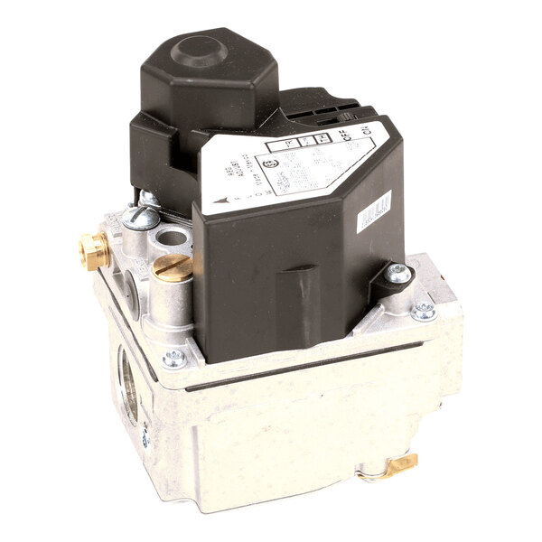 A metallic and black gas valve component with various fittings and a labeled top section.