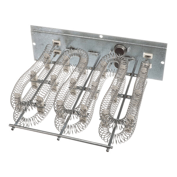 A metal heating element assembly with coiled wires mounted on a rectangular metal plate.